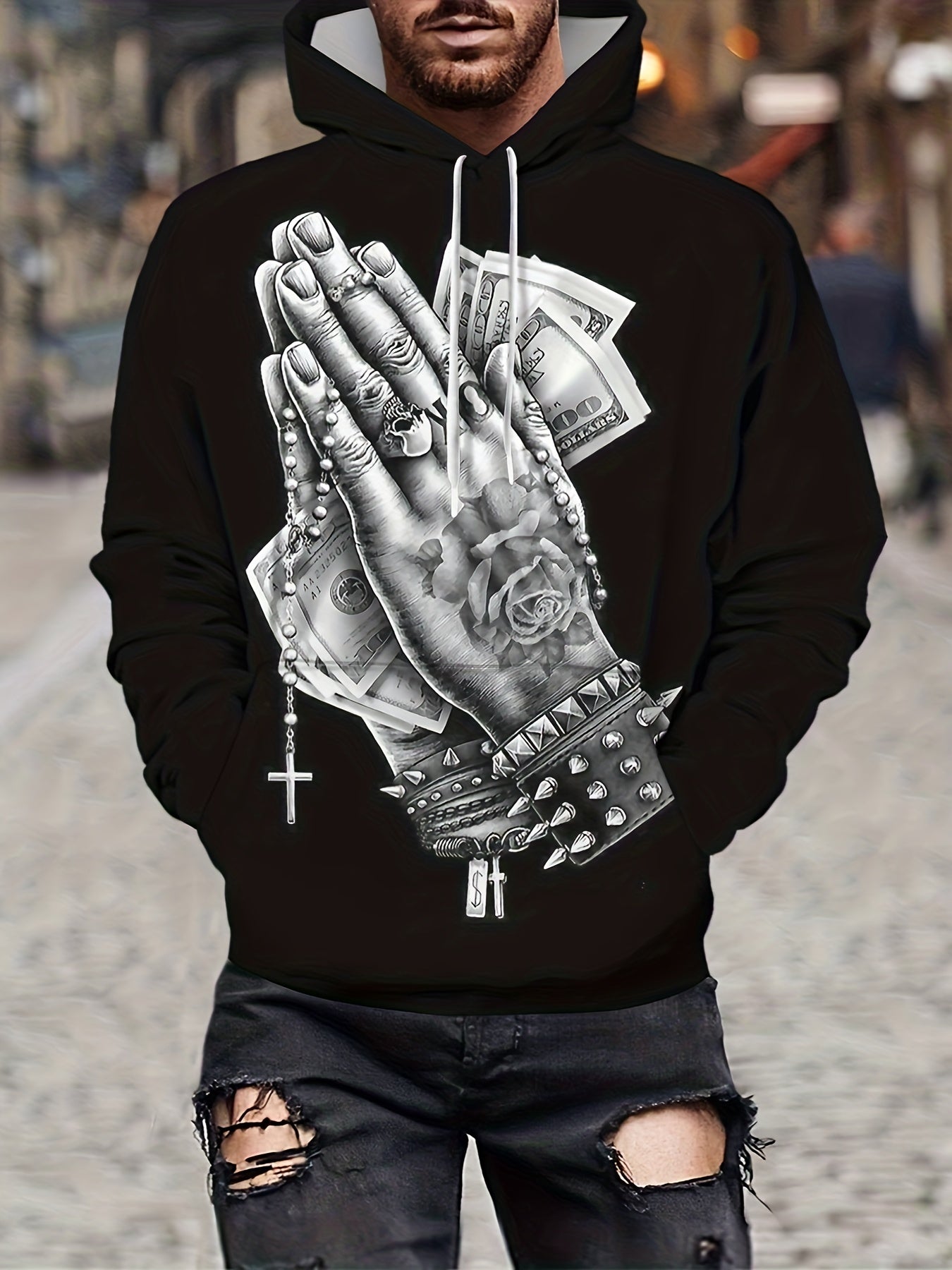 Retro Praying Hands Print Hoodie, Cool Hoodies For Men, Men